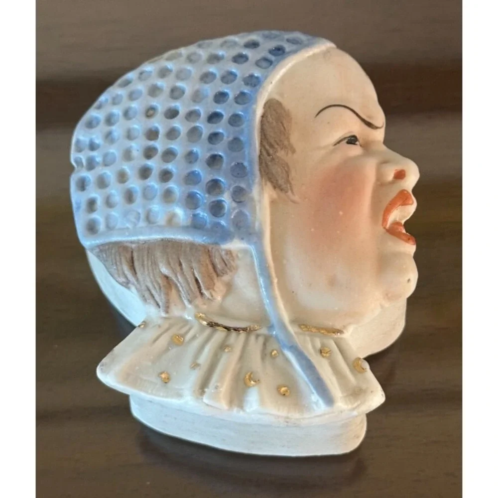 Antique Bisque Porcelain Figural Child‎ Yelling Bonnet Trinket Box German Unmark